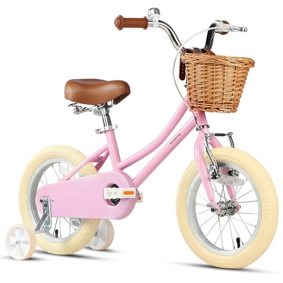 Glerc 12 Inch Kids Bike for Age 2 3 4 Years Old Little Girls Toddlers Retro Vintage Style Bicycles with Basket Training Wheels and Bell, Pink