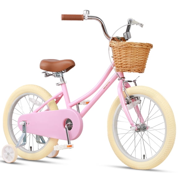 Glerc 16 Inch Little Kids Bike for Age 4 5 6 7 Years Old Girls Retro Vintage Style Bicycles with Basket Training Wheels and Bell, Pink