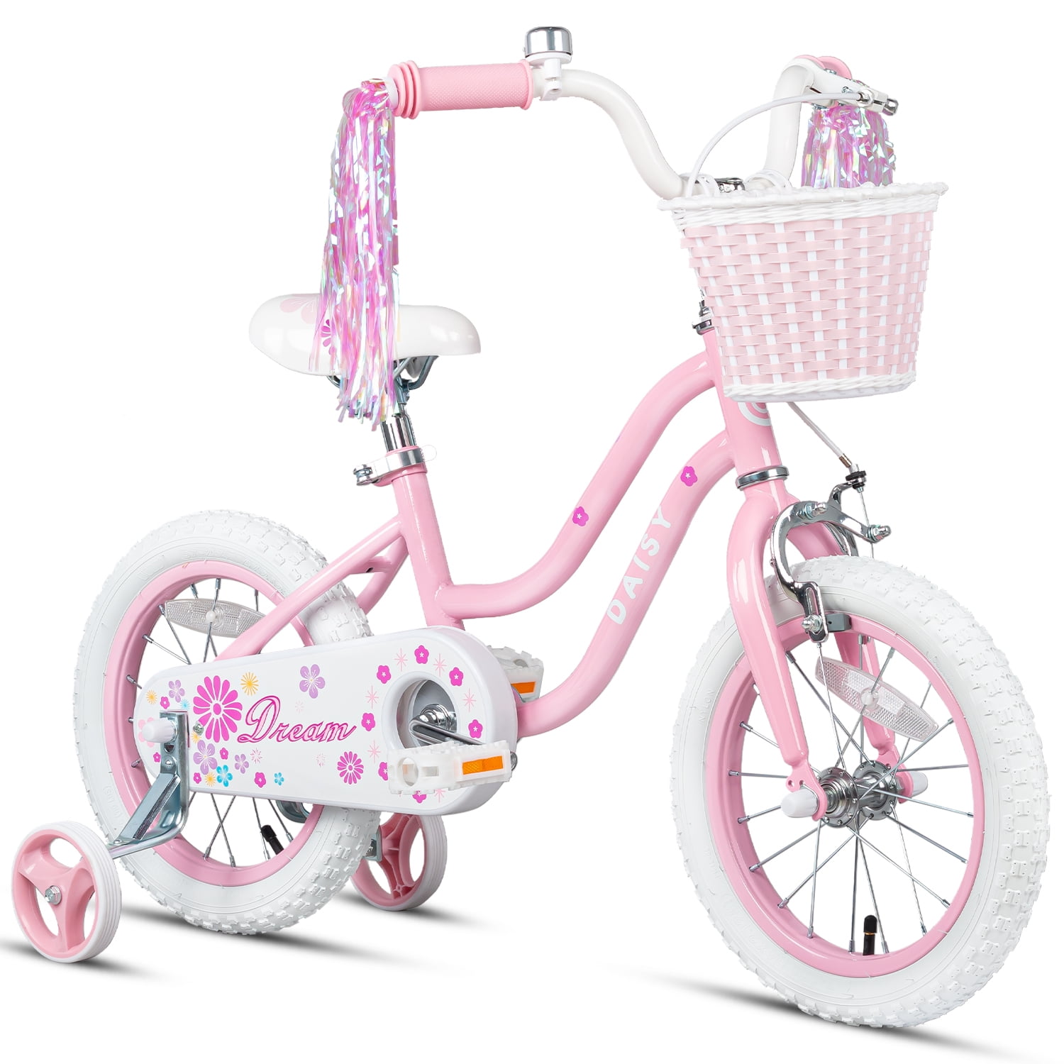 Glerc Daisy 12 Inch Girls Bike Ages 1 2 3 4 Years Old Kids Bicycle Princess Style with Training Wheels & Basket & Streamers & Bell for Birthday, Pink