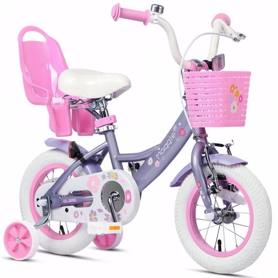 Glerc Maggie 12 inch Kids Girls Bike for Ages 2-4 Years Old Children, Princess Style Kids Bicycle with Doll-Seat & Basket & Training Wheels, Purple