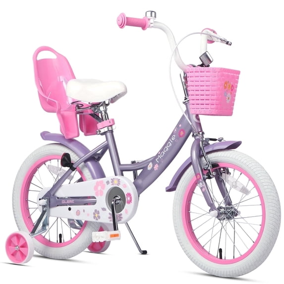 Glerc Maggie 16 inch Kids Girls Bike for Ages 4-7 Years Old Children, Princess Style Kids Bicycle with Doll-Seat & Basket & Training Wheels, Purple