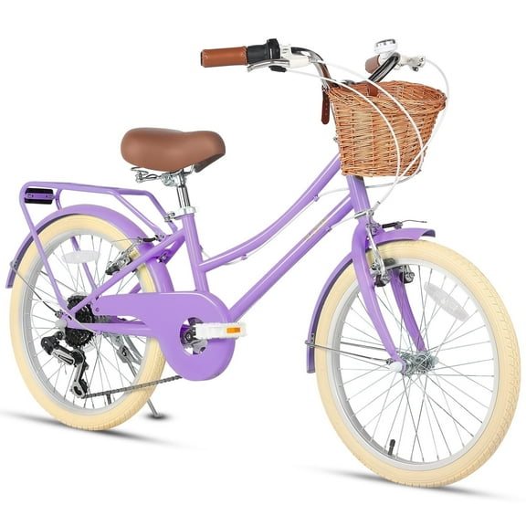 Glerc Missy 20" Cruiser Bike for Youth Ages 6-12 Years, 6-Speed Hybrid City Bicycle with Wicker Basket and Rack, Purple