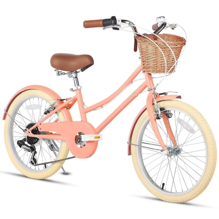 Glerc Missy 20" Girl Bicycle for Youth Over 6 Years Old Kids, Teenager with Wicker Basket, Peach