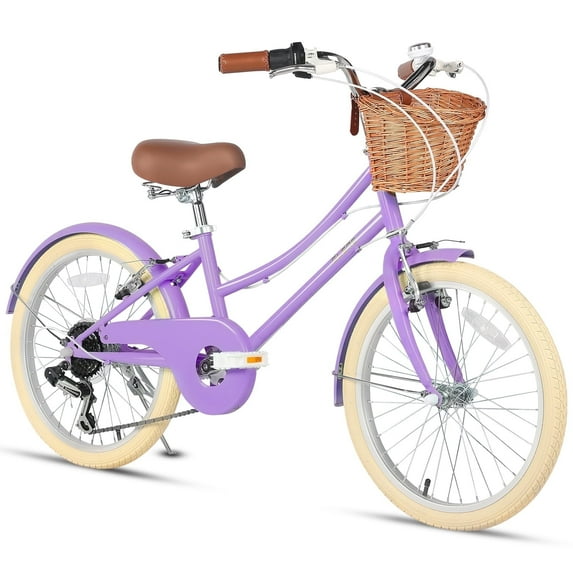 Glerc Missy 20" Girl Bicycle for Youth Over 6 Years Old Kids, Teenager with Wicker Basket, Purple