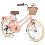 Glerc Missy 20 Girl Cruiser Kids Bike Shimano 6-Speed Teen Hybrid City Bicycle for Youth Ages 6 7 8 9 10 11 12 Years Old with Wicker Basket & Rack, Peach