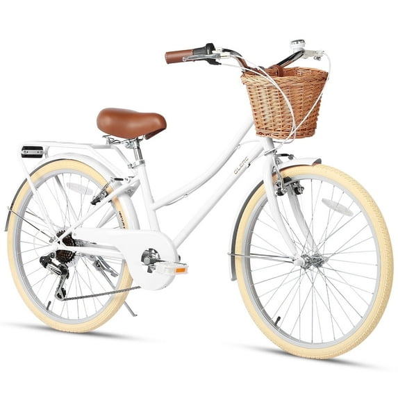 Glerc Missy 24" Girl Cruiser Kids Bike Shimano 6-Speed Teen Hybrid City Bicycle with Rack for Youth Ages 7 8 9 10 11 12 13 14 Years Old Wicker Basket & Lightweight, White
