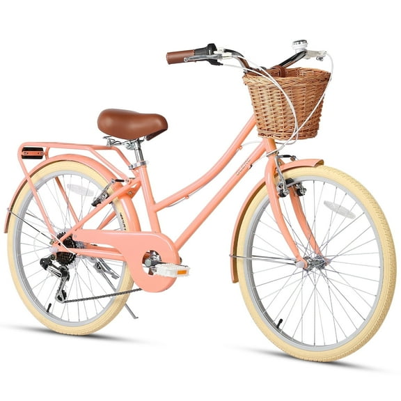 Glerc Missy 24" inch Girl Cruiser Kids Bike 6-Speed Teen Hybrid City Bicycle with Rack for Youth Ages 7 8 9 10 11 12 13 14 Years Old Wicker Basket & Lightweight, Peach