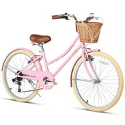 Glerc Missy 24" inch Girl Cruiser Kids Bike 6-Speed Teen Hybrid City Bicycle for Youth Ages 7 8 9 10 11 12 13 14 Years Old with Wicker Basket & Lightweight, Pink
