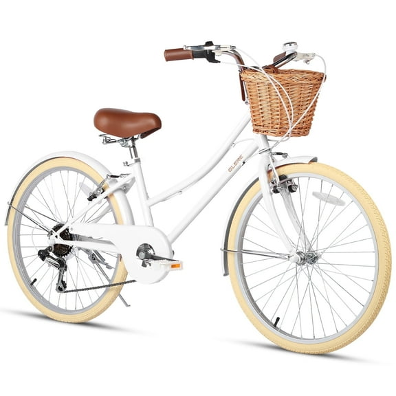 Glerc Missy 24" inch Girl Cruiser Kids Bike 6-Speed Teen Hybrid City Bicycle for Youth Ages 7 8 9 10 11 12 13 14 Years Old with Wicker Basket & Lightweight, White