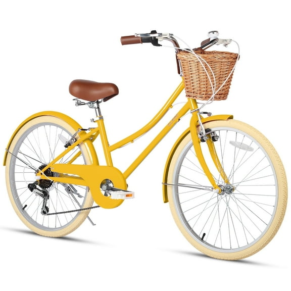 Glerc Missy 24" inch Girl Cruiser Kids Bike 6-Speed Teen Hybrid City Bicycle for Youth Ages 7 8 9 10 11 12 13 14 Years Old with Wicker Basket & Lightweight, Yellow