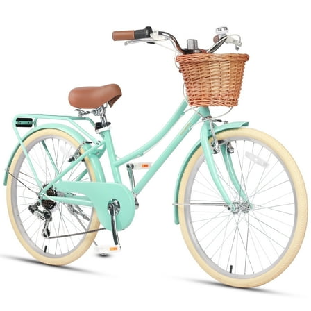 Glerc Missy 24" inch Girl Cruiser Kids Bike Shimano 6-Speed Teen Hybrid City Bicycle with Rack for Youth Ages 7 8 9 10 11 12 13 14 Years Old Wicker Basket & Lightweight, Mint Green