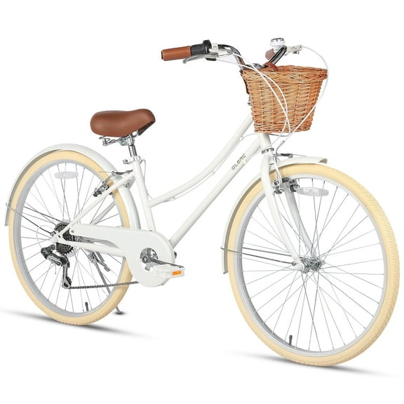 Glerc Missy 26" Girl Bicycle for Youth Over 8 Years Old Kids, Teenager with Wicker Basket, White