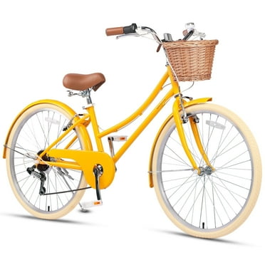 Glerc Missy 26" Girl Bicycle for Youth Over 8 Years Old Kids, Teenager with Wicker Basket, Yellow