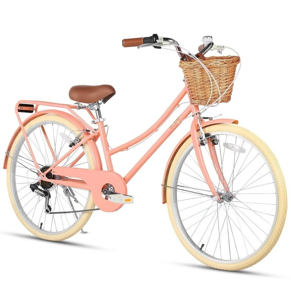 Glerc Missy 26" Girl Cruiser Youth Teen Woman Bike Shimano 6-Speed Teen Hybrid City Bicycle for Youth Ages 14 15 16 17 18 19 20 Years Old with Wicker Basket & Rack, Peach