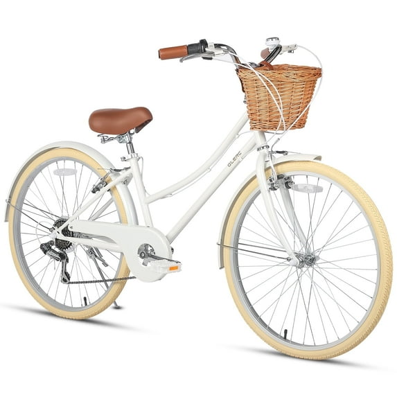 Glerc Missy 26" inch Girl Cruiser Youth Teen Woman Bike 6-Speed Teen Hybrid City Bicycle for Youth Ages 14 15 16 17 18 19 20 Years Old with Wicker Basket & Lightweight, White
