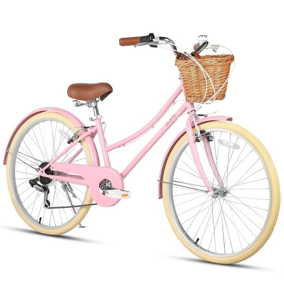 Glerc Missy 26" inch Girl Cruiser Youth Teen Woman Bike 6-Speed Teen Hybrid City Bicycle for Youth Ages 14 15 16 17 18 19 20 Years Old with Wicker Basket & Lightweight, Pink