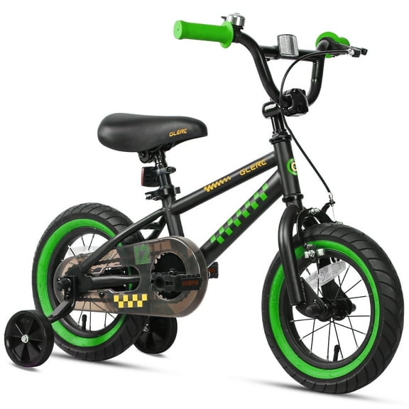 Glerc NuNu 12 Inch Kids Bike BMX Style for 2 3 4 Years Old Boys Girls, Toddler Bicycles with Training Wheels & Coaster Brake, Black & Green