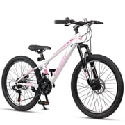Glerc Skyline 24 Inch Kids Mountain Bike for Boys Girls 10 11 12 13 14 Years Old, 21-Speed Kid Bicycle with Front Suspension & Dual Disc Brakes & Rugged Frame, Pink