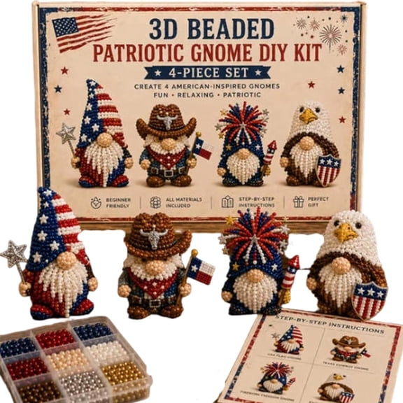 GliJian 3D Beaded Gnome DIY Kit, Beginner Friendly Handmade Bead Craft Set, Patriotic Independence Day Mini Gnome Ornament Making Kit