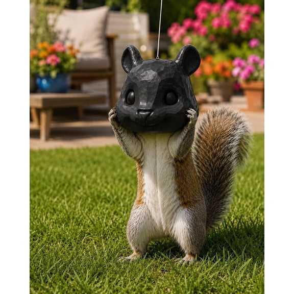 GliJian Funny Squirrel Head Feeder, Weather Resistant Resin Hanging Feeder Mask, Novelty Outdoor Backyard Decor & Animal Lover Gift, Black, 1 Pack