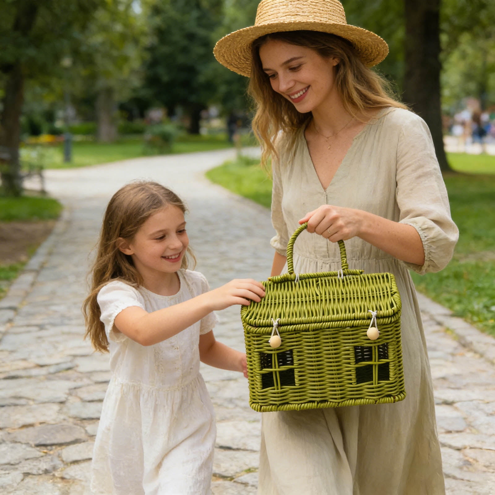GliJian House Shaped Rattan Easter Basket with Lid & Handle 9 x 6 x 5.5 Inch Garden Harvest Basket Suitable for Picnics Tidying Up and Other Occasions Green
