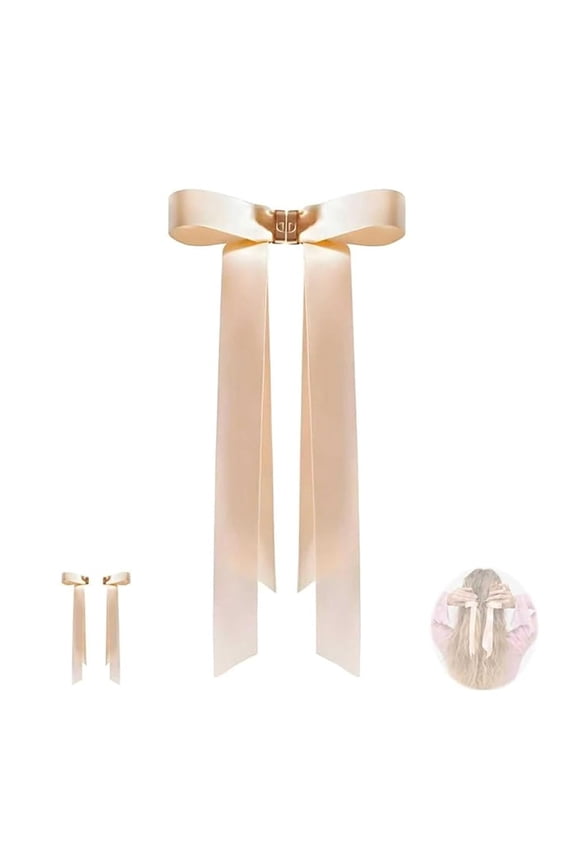 Magnetic Bow Clip 9.5" Detachable Satin Ballet Ribbon Hair Clips for Women Magnetic Bow Hair Clip Sweet Back-of-the-head Hair Accessory Champagne