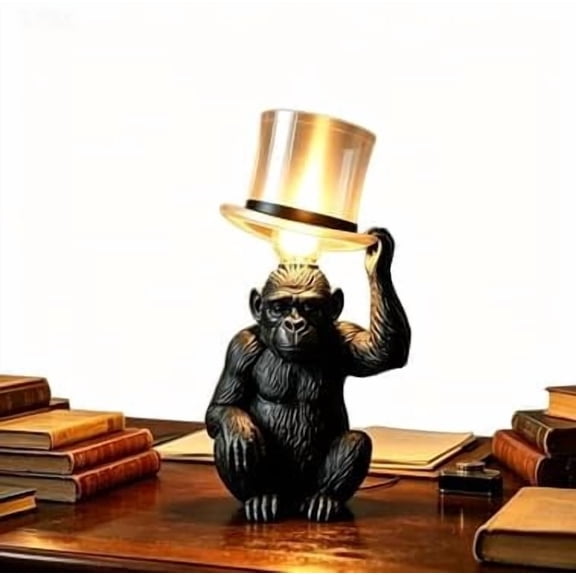 GliJian Monkey Table Lamp with Top Hat Lampshade, Unique Animal Desk Lamp, Warm Ambient Decorative Lamp for Bedroom Living Room Office