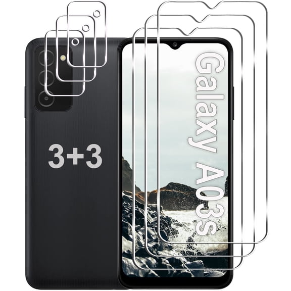 Gliansen Galaxy A03s Tempered Glass Screen Film Protector, Retail Packaging with Camera Lens Protector, for Samsung Galaxy A03s, 6 Total Count, 3+3 Pack