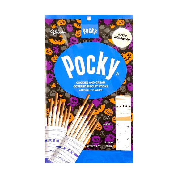 Glico Pocky Cookies and Cream Covered Baked Biscuit Cookie Sticks Special Halloween Packaging 9 Packs 4.57 oz (129.6 g), Contains Wheat, Milk and Soybean