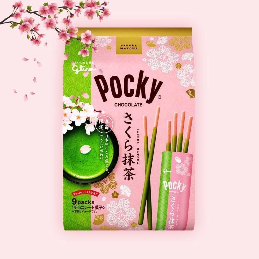 Glico, Pocky Biscuit Sticks, Sakura Matcha Limited Edition, 9 Bags
