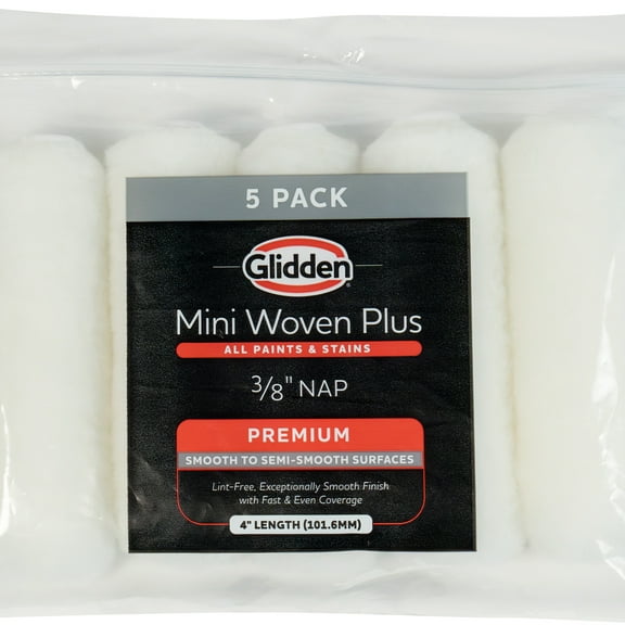 Glidden 4 x 3/8" Nap Mini Woven Plus Interior/Exterior Paint Roller Cover, 5 Pack