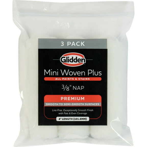 Glidden 4 x 3/8" Nap Mini Woven Plus Interior/Exterior Paint Roller Cover, 3 Pack