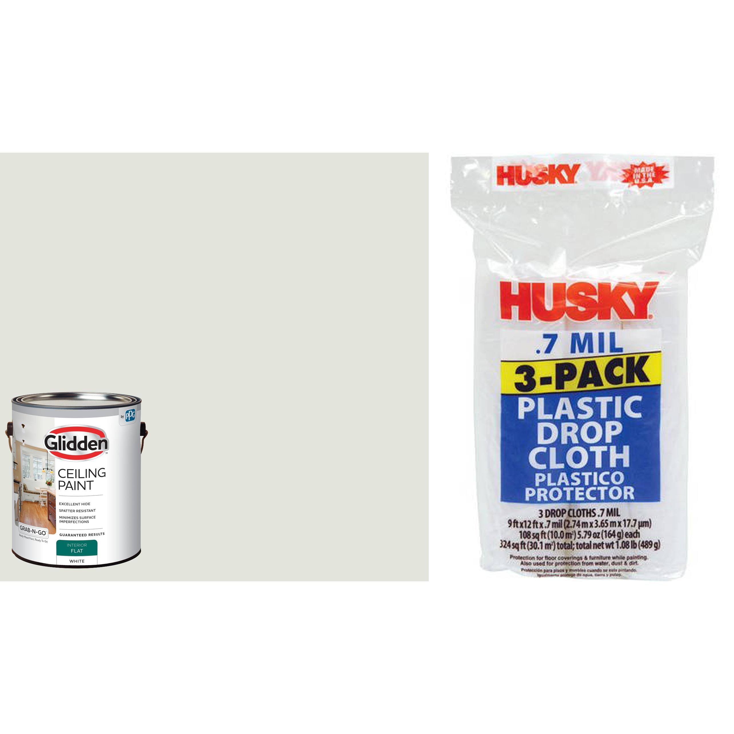 Glidden Flat White Ceiling Paint and Husky Plastic Drop Cloth