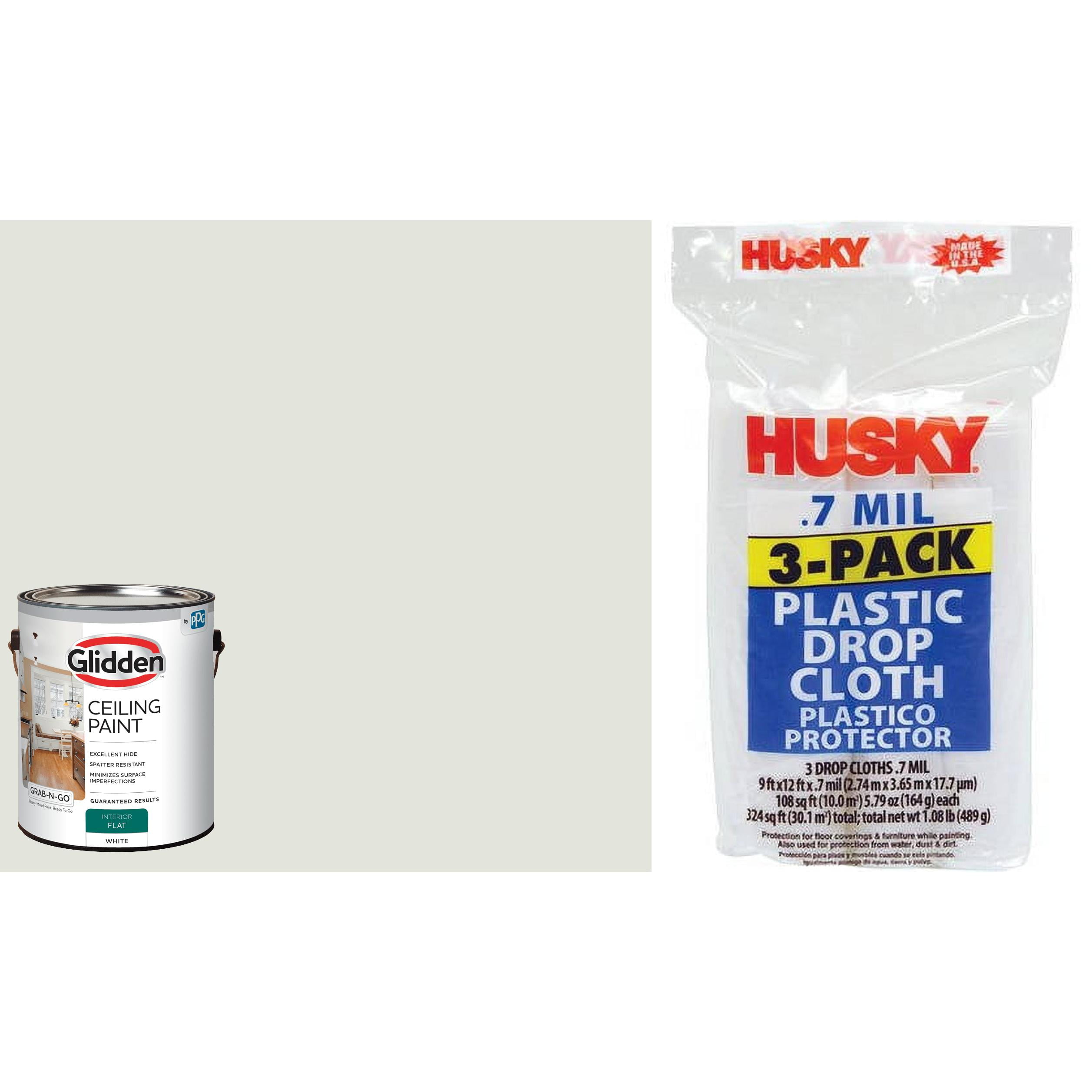 Glidden Flat White Ceiling Paint and Husky Plastic Drop Cloth