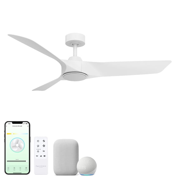 Glide 52in 3-Blade Smart Ceiling Fan 2700K-6000K CCT Tunable Range LED Light Kit with Remote Control and White Hardware with White Blades Works With iOS or Android App