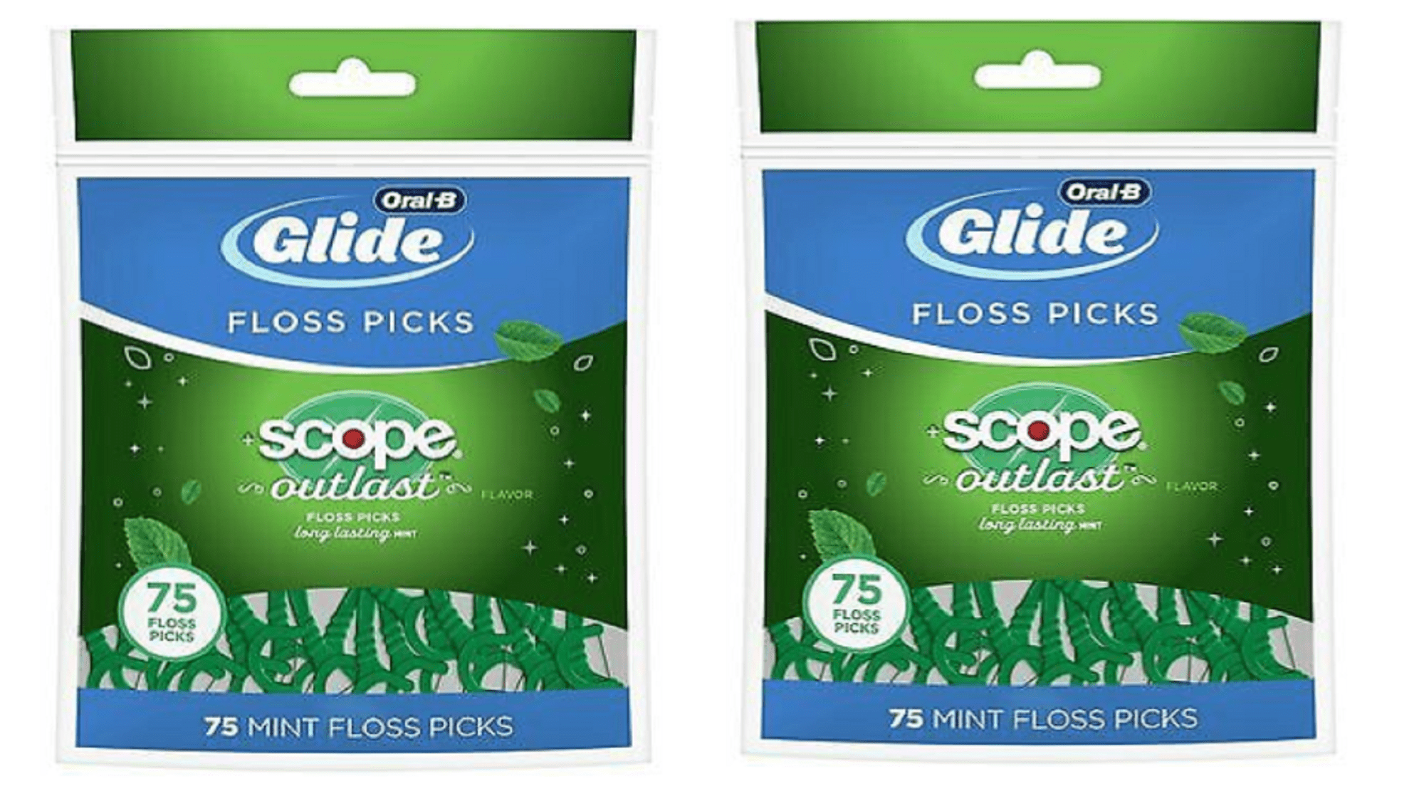 Glide Dental Floss Picks Plus Scope Outlast, Long Lasting Mint, 75 Dental Floss Picks for Each Bag Pack of 2 = 150 Dental Floss Picks