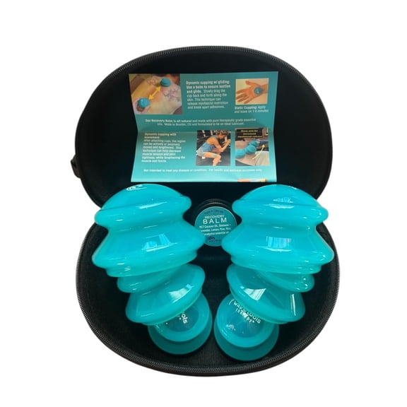 Glide Sport Cupping Set of 6 medical grade Silicone Massage Cups in case with Balm Ideal for Massage, myofascial Release, Circulation and Scars. (Clear Teal Finish, 6 Pack in case)
