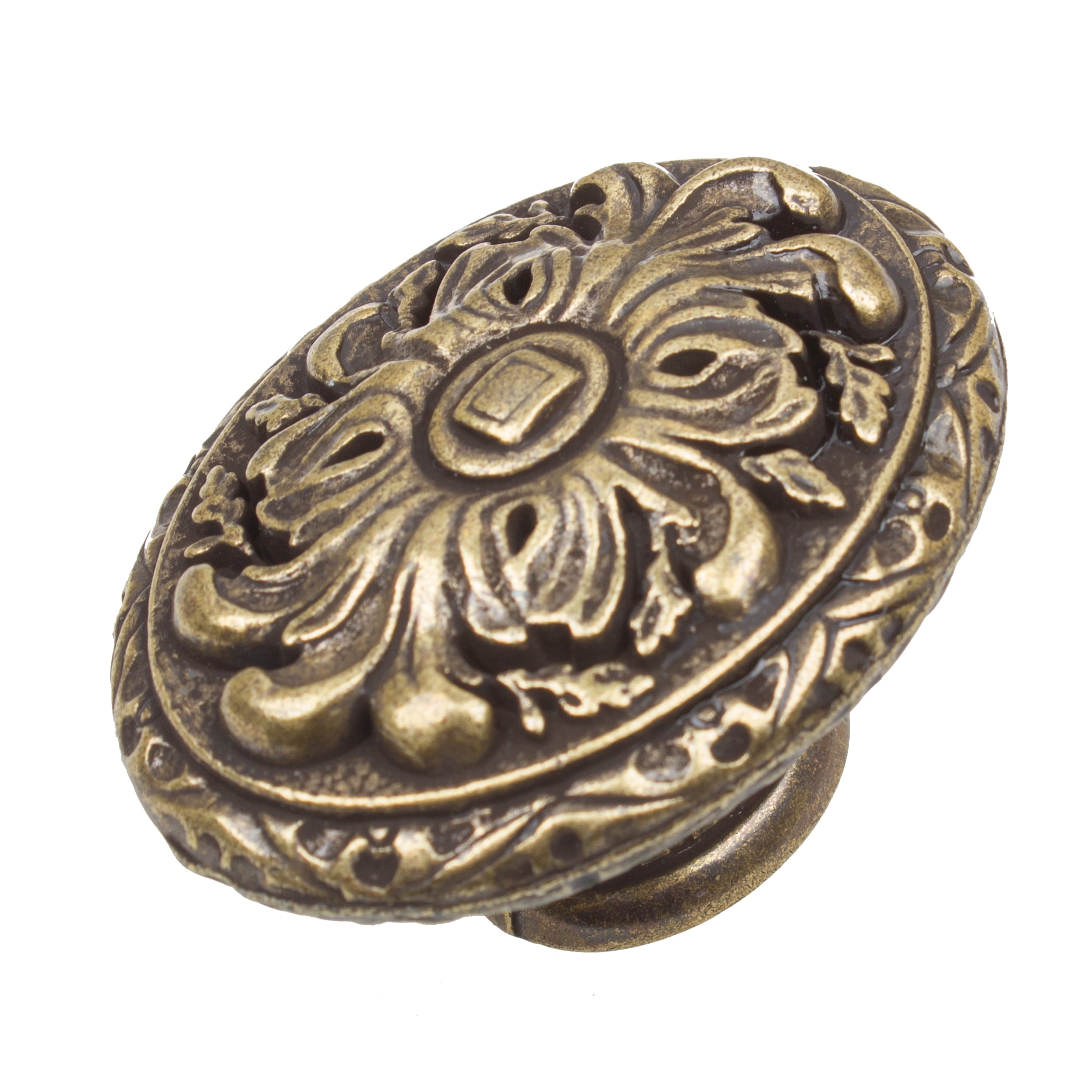 Antique Brass Ornate Oval Cabinet Knob with Mounting Hardware