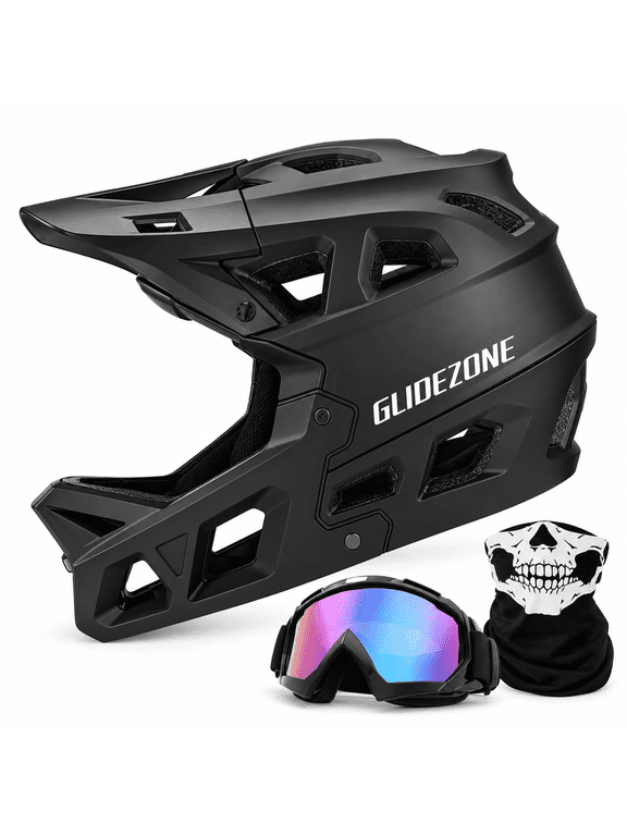 Full Face Bicycle Helmet for Teens & Adults, Size M (21.65–22.83 in), Black, with Goggles & Neck Gaiter, Offroad Downhill Mountain Bike Helmet for Outdoor Sports