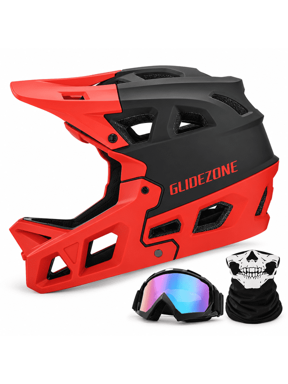 Full Face Bicycle Helmet for Teens & Adults, Size M (21.65–22.83 in), Red, with Goggles & Neck Gaiter, Offroad Downhill Mountain Bike Helmet for Outdoor Sports