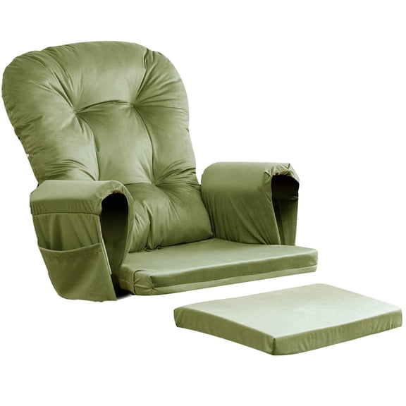 Glider Chair Cushions Replacement 5PCS, Plush Velvet Cushion Set Includes Ottoman and Side Pockets, Ergonomic Design for Comfort, Matcha Green