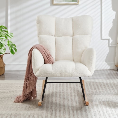 Glider Chair for Living Room, Tufted Upholstered Teddy Fabric Rocking Chair with Metal Frame, High Back Ergonomic Accent Chair, 300LB Capacity Ivory Comfort Chair for Bedroom