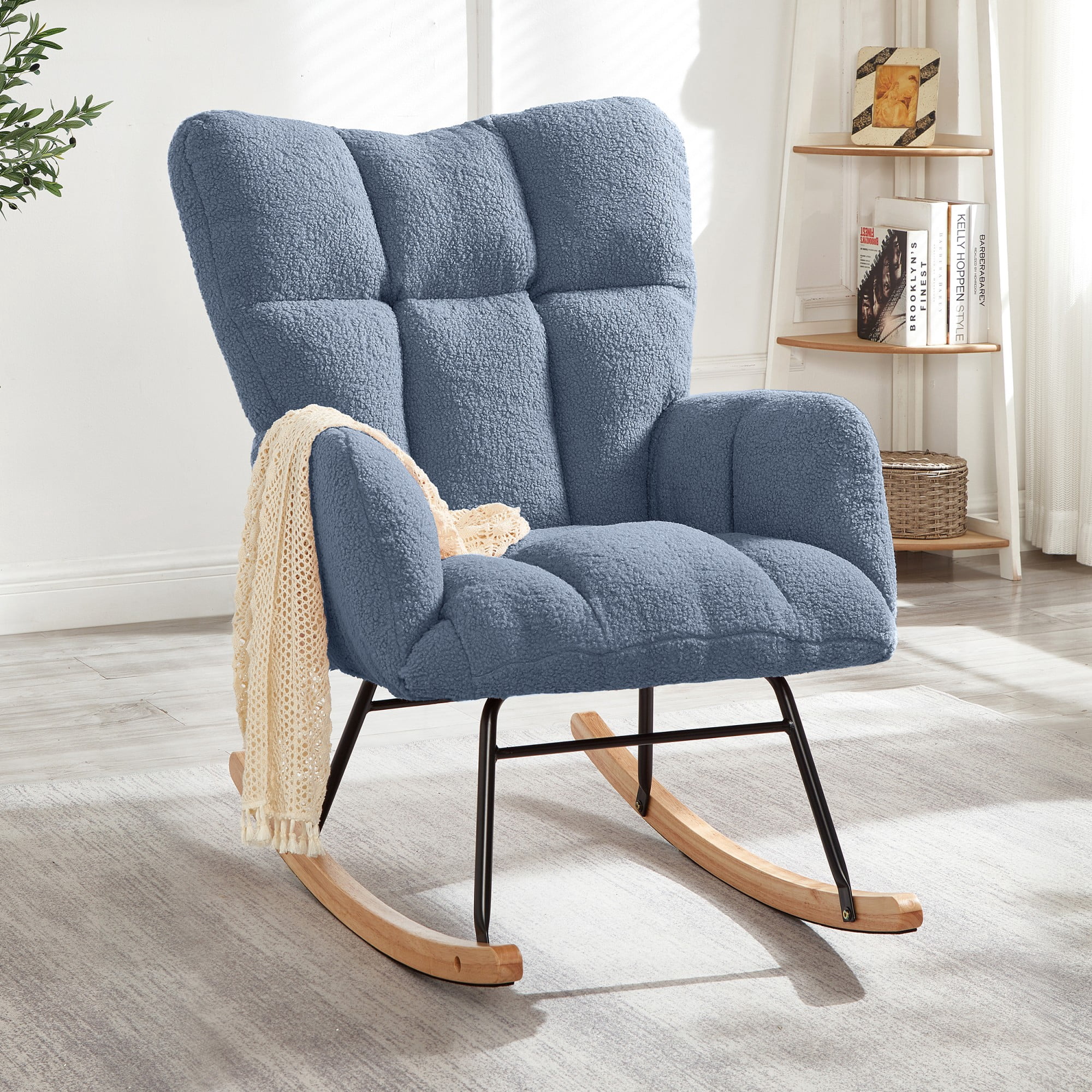 Glider Chair for Living Room Tufted Upholstered Teddy Fabric Rocking Chair with Metal Frame Accent Chair (Blue)