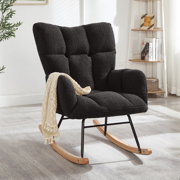 Glider Chair for Living Room, Tufted Upholstered Teddy Fabric Rocking Chair with Metal Frame, Accent Chair, Dark Gray
