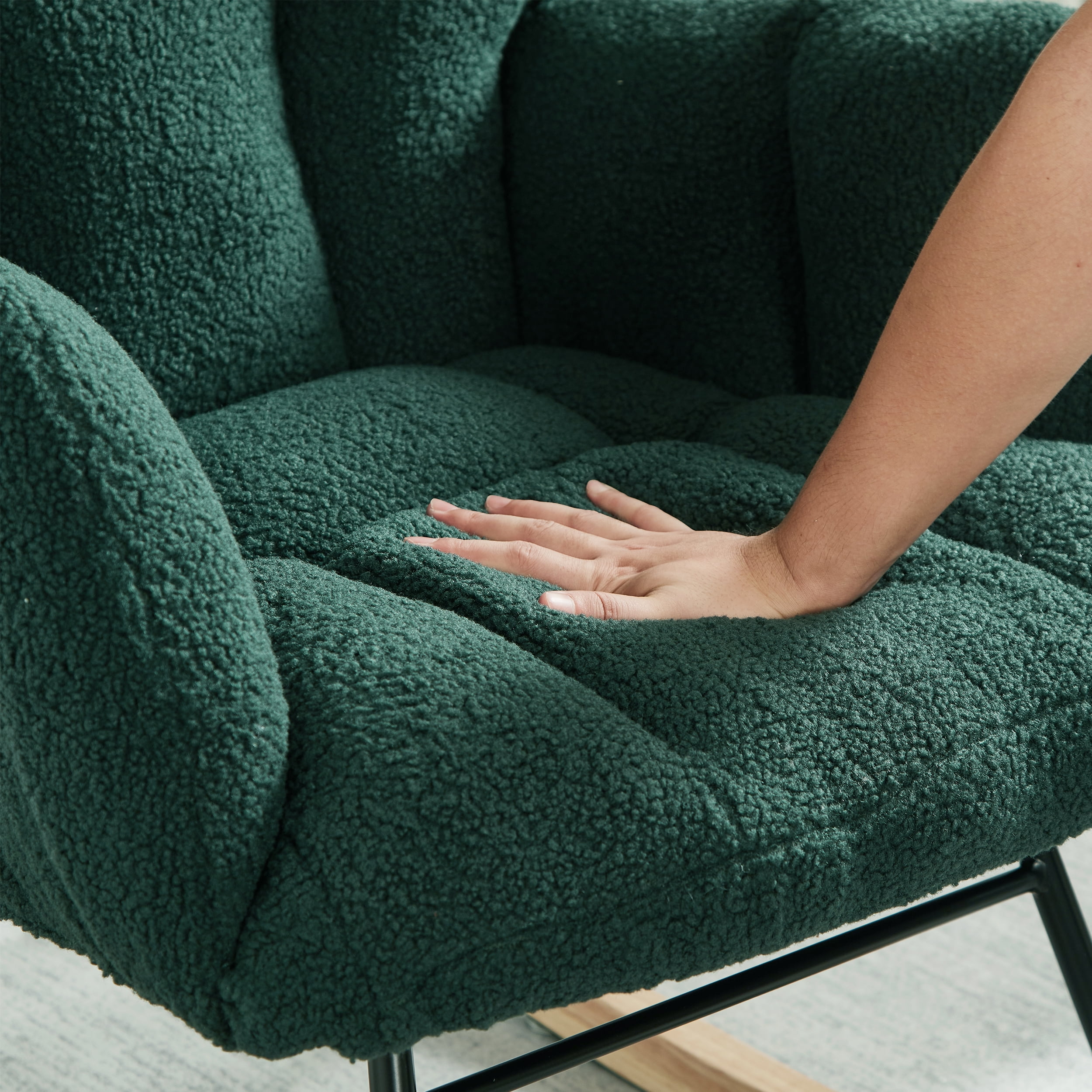 Glider Chair for Living Room Tufted Upholstered Teddy Fabric Rocking Chair with Metal Frame Accent Chair (Green)