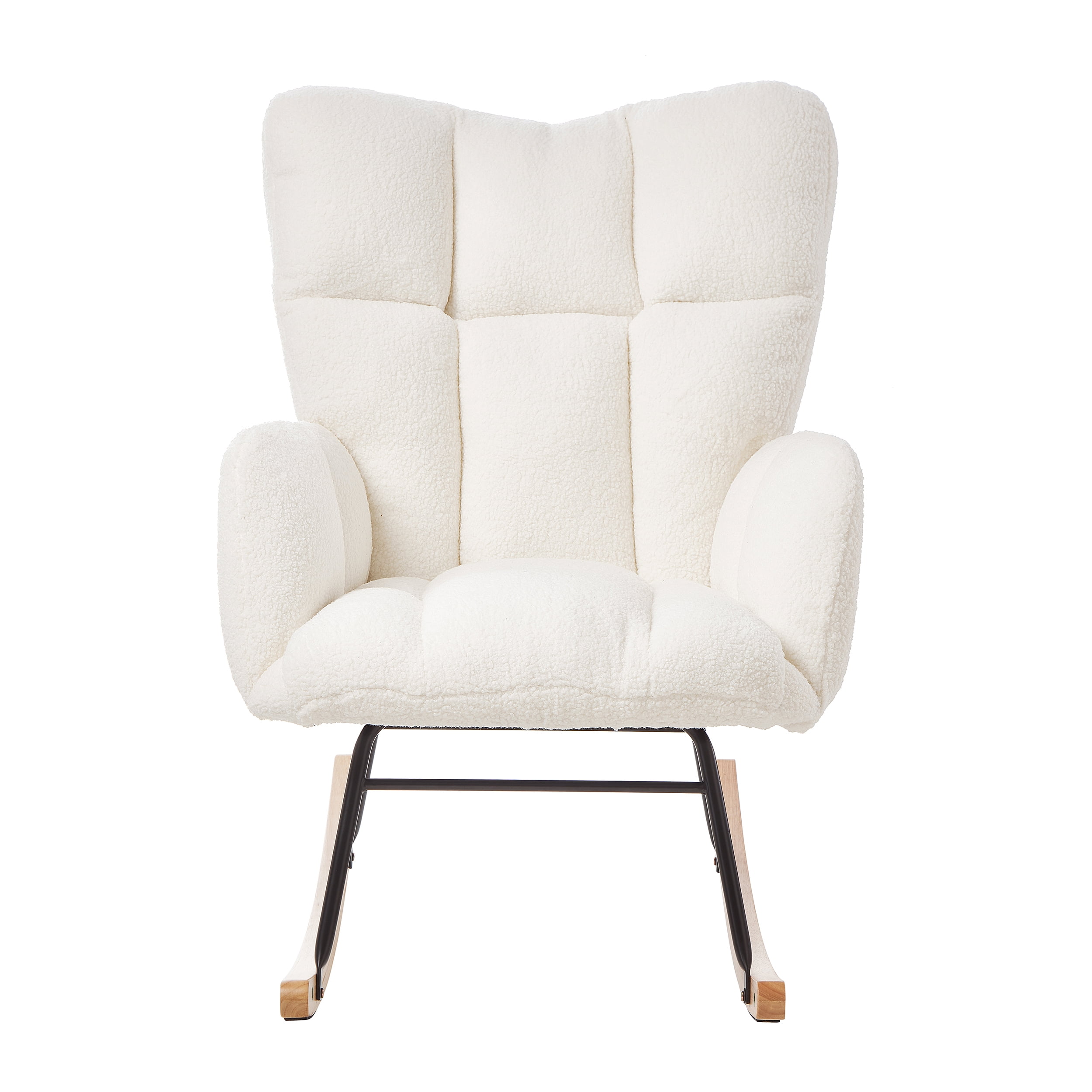 Glider Chair for Living Room Tufted Upholstered Teddy Fabric Rocking Chair with Metal Frame Accent Chair Ivory White