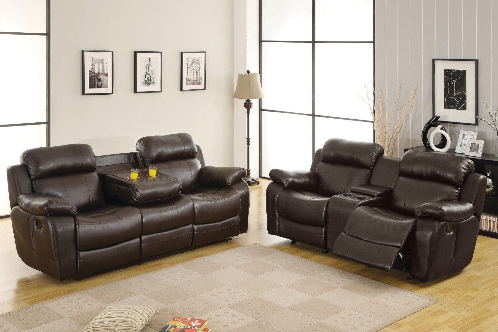 Glider Reclining 2pc Sofa Set Reclining Sofa Loveseat w Console Brown