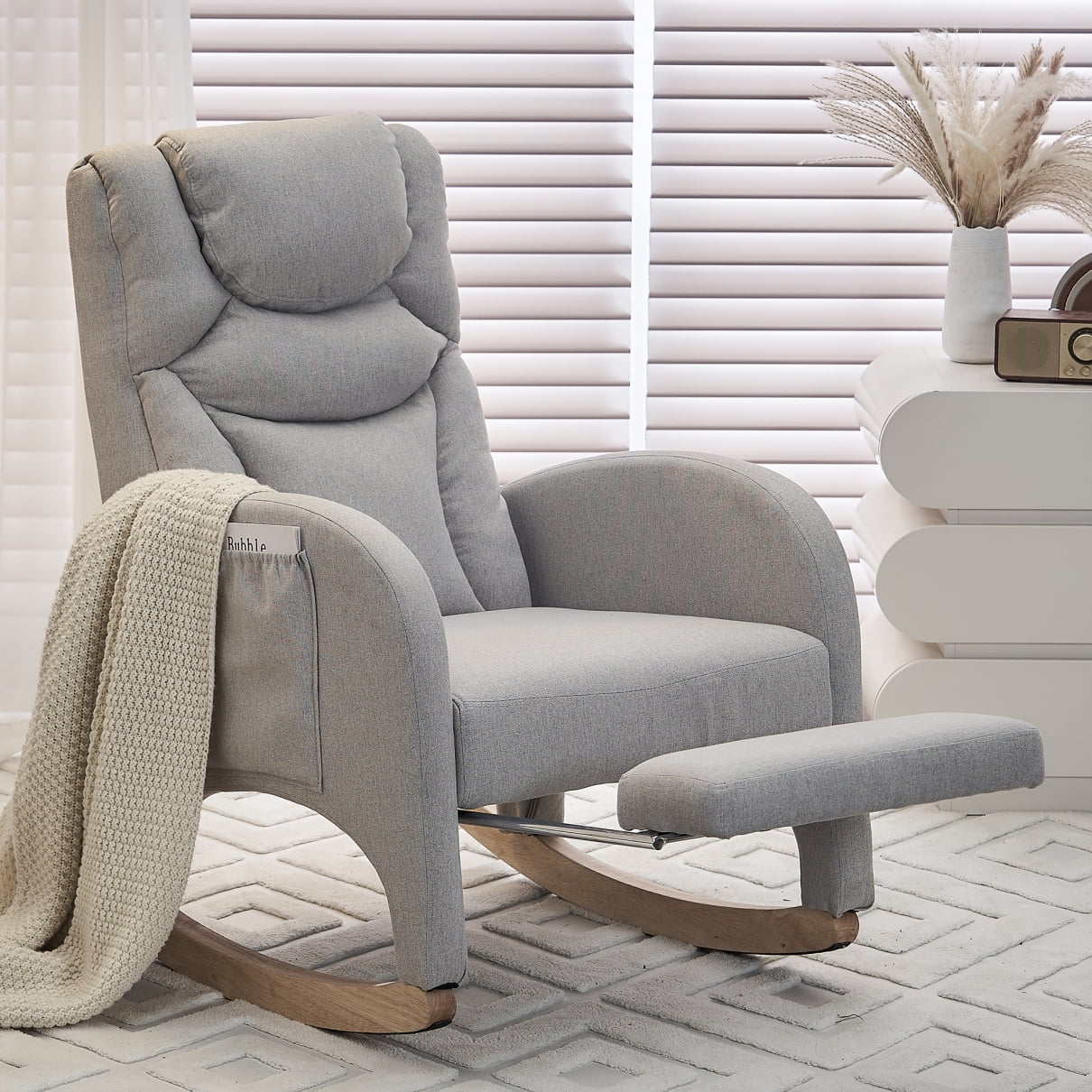 Glider Rocking Chair with Adjustable Footrest, Comfy Cotton Linen Upholstered Nursery Rocker Chair with Wood Legs Side Pocket, Accent Rocker Arm Chair Baby Bedroom, Living Room, Light Gray