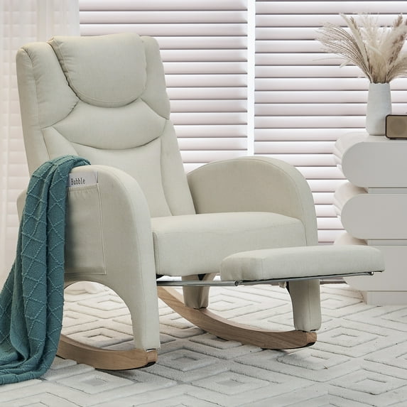 Glider Rocking Chair with Adjustable Footrest, Comfy Cotton Linen Upholstered Nursery Rocker Chair with Wood Legs Side Pocket, Accent Rocker Arm Chair Baby Bedroom, Living Room, Beige