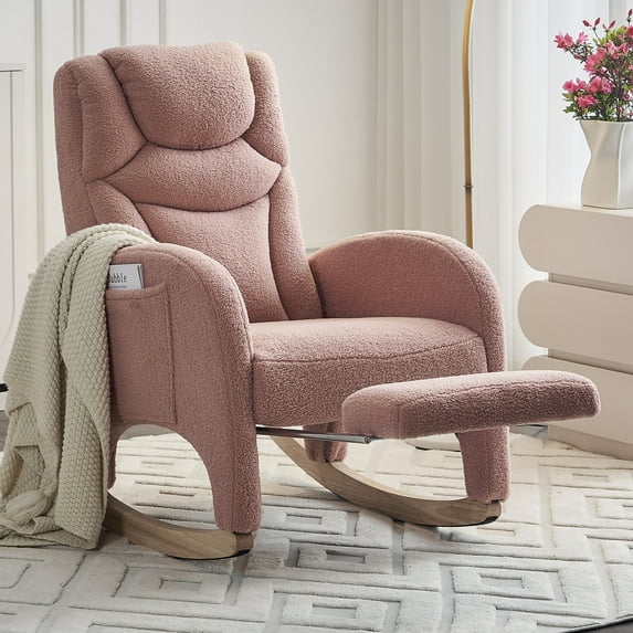 Glider Rocking Chair with Adjustable Footrest, Comfy Teddy Upholstered Nursery Rocker Chair with Wood Legs Side Pocket, Accent Rocker Arm Chair Baby Bedroom, Living Room, Pink